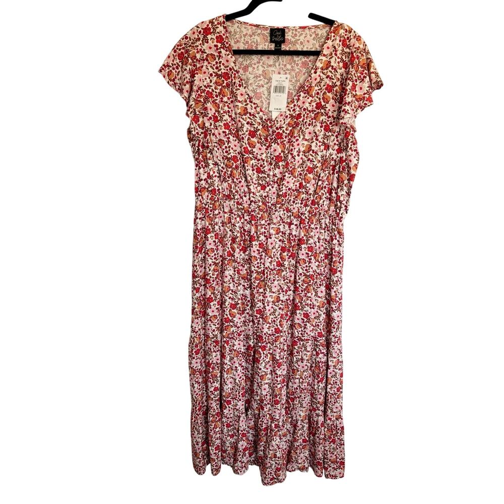 Oak & Trellis 2X Gardenia Flutter Floral Maxi Dress NWT Rayon Tiered Pink & Red